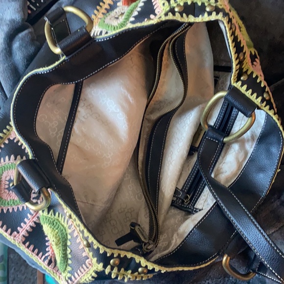 BCBGirls Handbags - BCBG large black w/pink, green, orange crochet patches bag